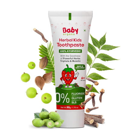 Babyorgano Strawberry Herbal Toothpaste For Kids Babool, Mulethi, Non-Gel, 50gm Fluoride & Sls Free