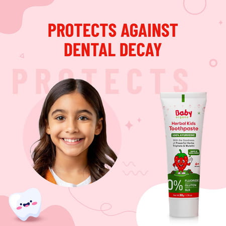 Babyorgano Strawberry Herbal Toothpaste For Kids Babool, Mulethi, Non-Gel, 50gm Fluoride & Sls Free