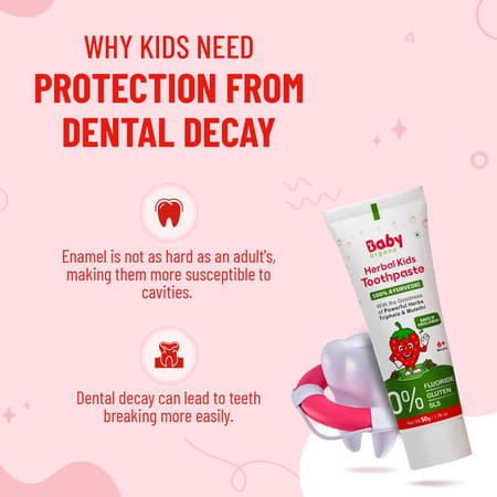 Babyorgano Strawberry Herbal Toothpaste For Kids Babool, Mulethi, Non-Gel, 50gm Fluoride & Sls Free