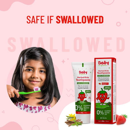 Babyorgano Strawberry Herbal Toothpaste For Kids Babool, Mulethi, Non-Gel, 50gm Fluoride & Sls Free