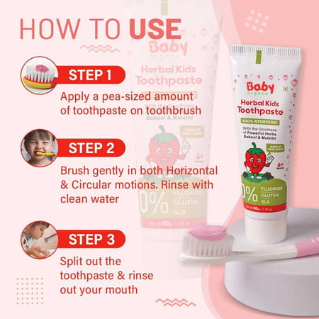 Babyorgano Strawberry Herbal Toothpaste For Kids Babool, Mulethi, Non-Gel, 50gm Fluoride & Sls Free