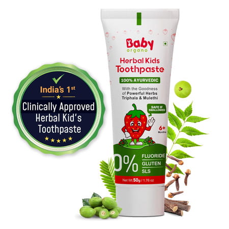Babyorgano Strawberry Herbal Toothpaste For Kids Babool, Mulethi, Non-Gel, 50gm Fluoride & Sls Free