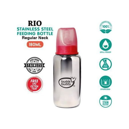 Buddsbuddy Rio Stainless Steel Feeding Bottle Regular Neck - 180ml Pink