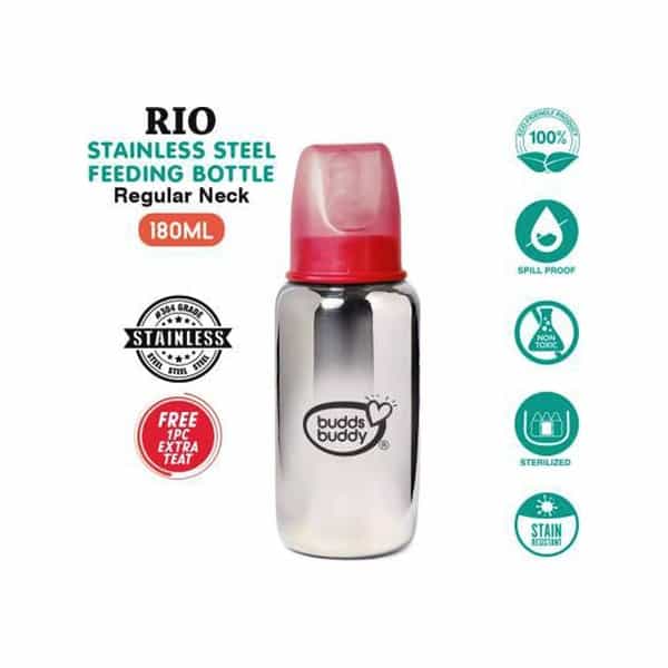 Buddsbuddy Rio Stainless Steel Feeding Bottle Regular Neck - 180Ml Pink