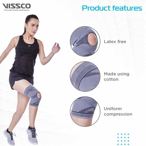 Vissco Knee Cap With Open Patella To Reduce Pressure On Patella -Large - Grey (Single Piece)