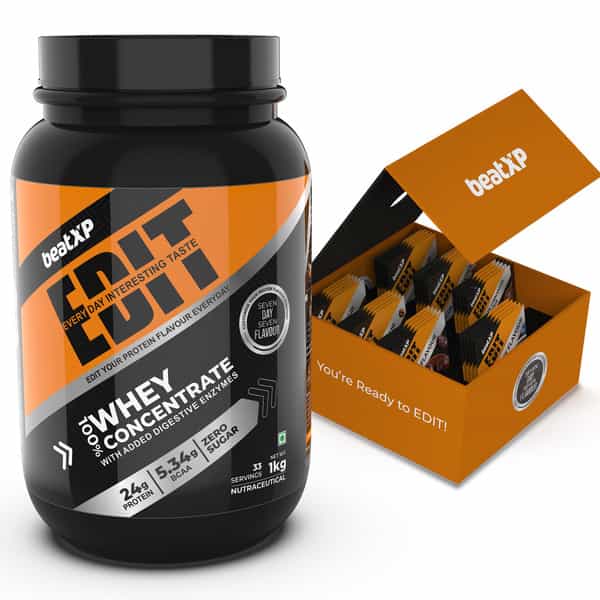 Beatxp Edit 100% Whey Protein Powder 1Kg, 33 Sachets Of 7 Different Flavors|24G Protein, 5.34G Bcaas