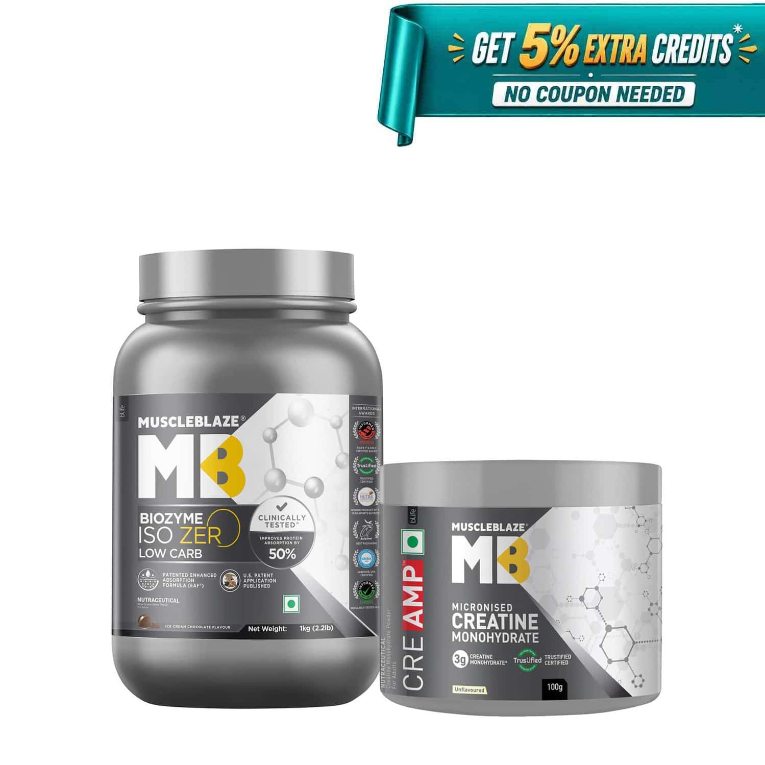 Muscleblaze Biozyme So-zero | Low Carb (ice Cream Chocolate | 1 Kg) & Creatine Monohydrate (100g)