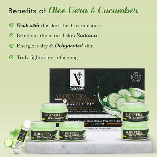 Nutriglow Natural's Aloe Vera & Cucumber Facial Kit With Hyaluronic Acid & Vitamin B5 -260Gm