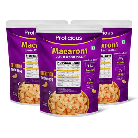 Prolicious Durum Wheat Macaroni Pasta | High Protein & Fiber | No Maida | 1200g (Pack Of 3)