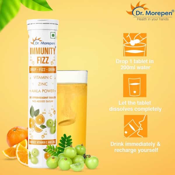 Dr. Morepen Immunity Fizz No Added Sugar | Vitamin C Zinc & Amla | Effervescent Tablets | 20 No's