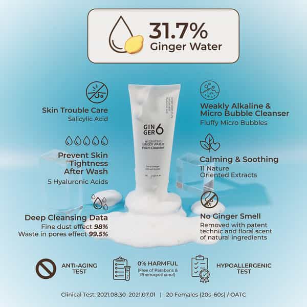 Ginger6 Hydrating Ginger Water Foam Cleanser With Salicylic Acid And Hyaluronic Acid - 150Ml