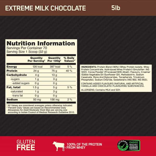 Optimum Nutrition (On) Gold Standard 100% Whey Protein Extreme Milk Chocolate 5 Lbs | 2.27Kg Powder