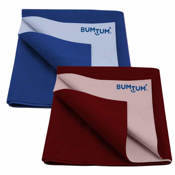 Bumtum Dry Sheet Leakproof Baby Bed Protector (Royal Blue + Maroon Large Size 100*140Cm|Pack Of 2)
