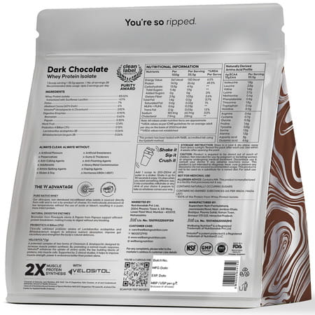 Wellbeing Nutrition 100% Whey Protein Isolate (Dark Chocolate) | 26g Protein | 1kg