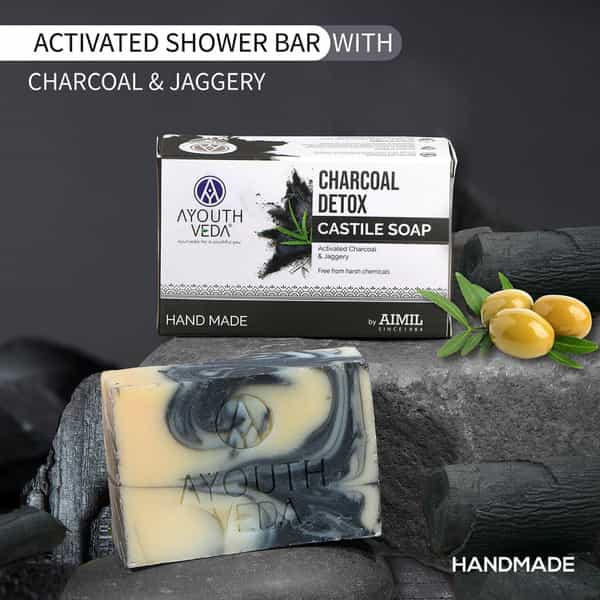 Ayouthveda Charcoal Detox Handmade Castile Soap | Jaggery & Nourishing Oils To Deep Cleanse 100 Gm