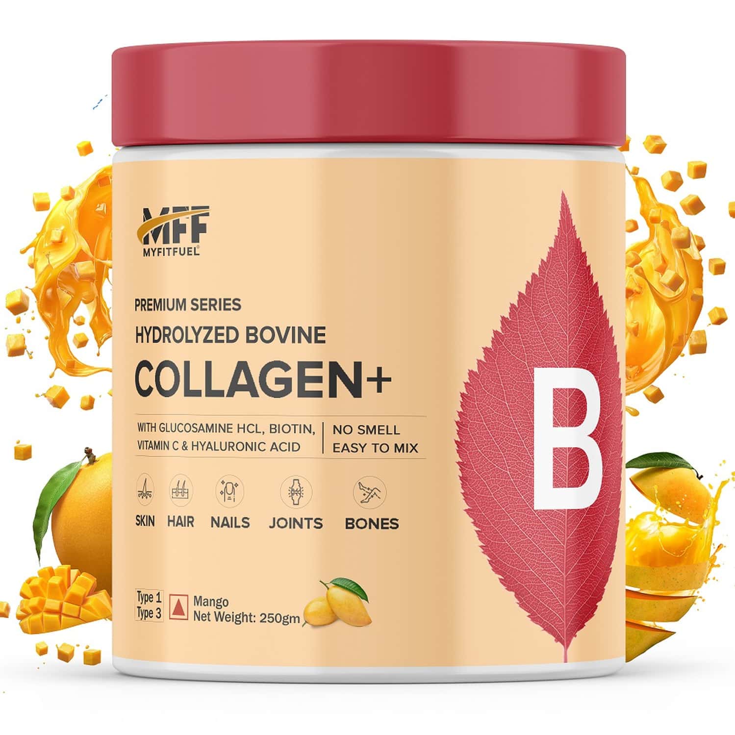 Myfitfuel Hydrolyzed Bovine Collagen + Glucosamine | Hyaluronic | Biotin | Vitamin C (250g | Mango)
