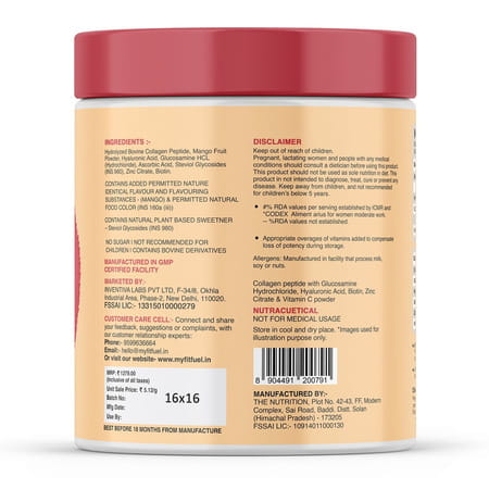 Myfitfuel Hydrolyzed Bovine Collagen + Glucosamine | Hyaluronic | Biotin | Vitamin C (250g | Mango)