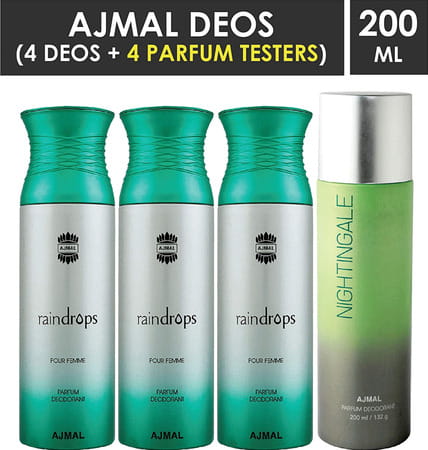 Ajmal 3 Raindrops Femme For Women And 1 Nightingale For Unisex Deodorants Combo Pack Of 4