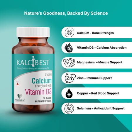 Healthbest Kalcibest Calcium Supplement Strong Bones Muscle Health Immunity - 30 Tablets