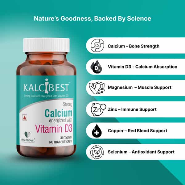 Healthbest Kalcibest Calcium Supplement Strong Bones Muscle Health Immunity - 30 Tablets