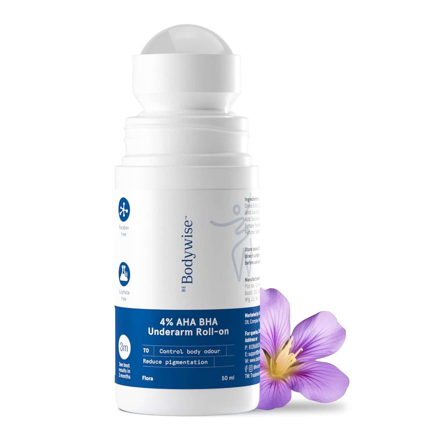 Be Bodywise 4% Aha Bha Underarm Roll On Fades Pigmentation & Reduces Odour Flora Fragrance 50 Ml