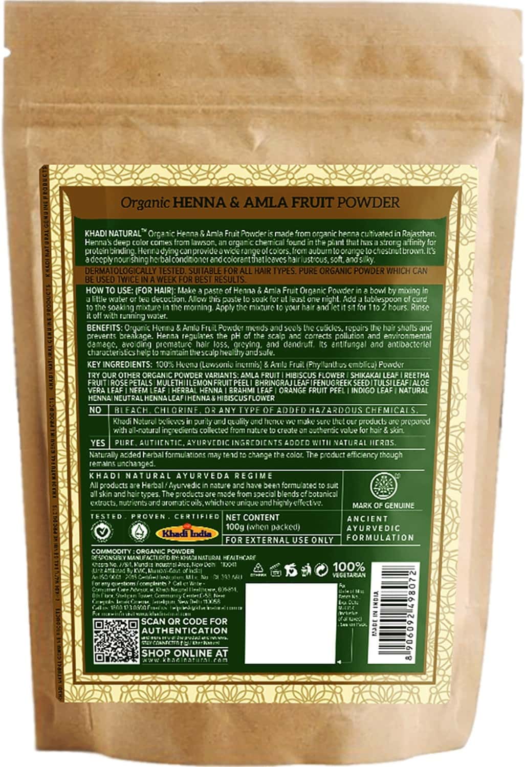 Buy KHADI NATURAL HENNA & AMLA FRUIT ORGANIC POWDER 100 GM Online & Get