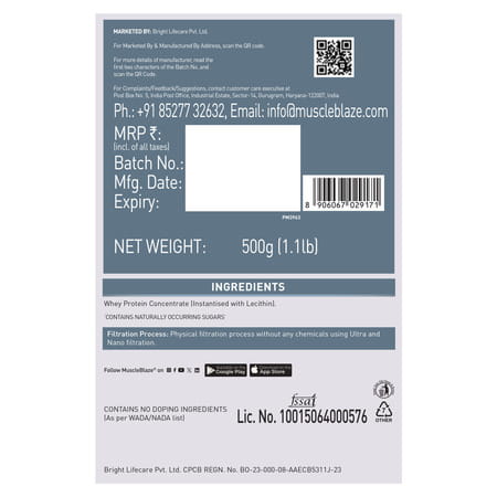 Muscleblaze Raw Whey Protein Concentrate 80 (Unflavoured | 500G) | Light & Clean Protein