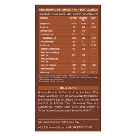 Muscleblaze Fit High Protein Peanut Butter | Creamy (Dark Chocolate Spread | 1kg) | 27g Protein