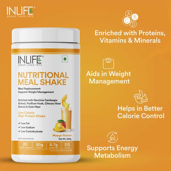 Inlife Meal Replacement Shake For Weight Management | Nutritional Meal Protein Powder | 500G(Mango)
