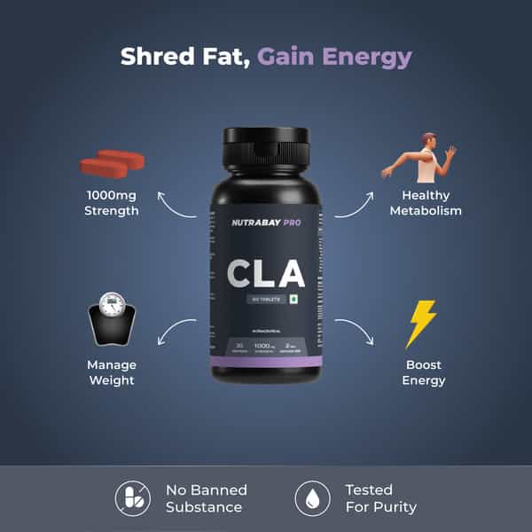 Nutrabay Pro Cla (Conjugated Linoleic Acid) | Burns Fat, Boosts Metabolism | 1000Mg - 60 Veg Tablets