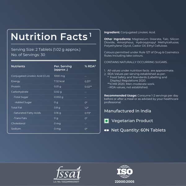 Nutrabay Pro Cla (Conjugated Linoleic Acid) | Burns Fat, Boosts Metabolism | 1000Mg - 60 Veg Tablets