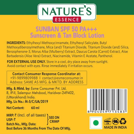 Nature'S Essence Sunban Sunscreen Spf50 60ml (Pack Of 2)
