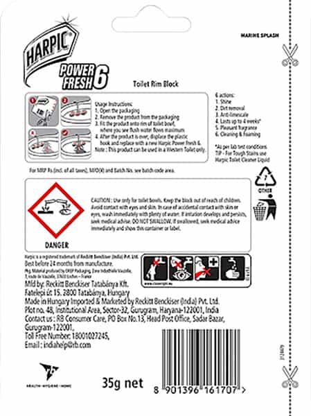Harpic Power Fresh 6 Toilet Cleaner Rim Block Marine Splash - 35 G