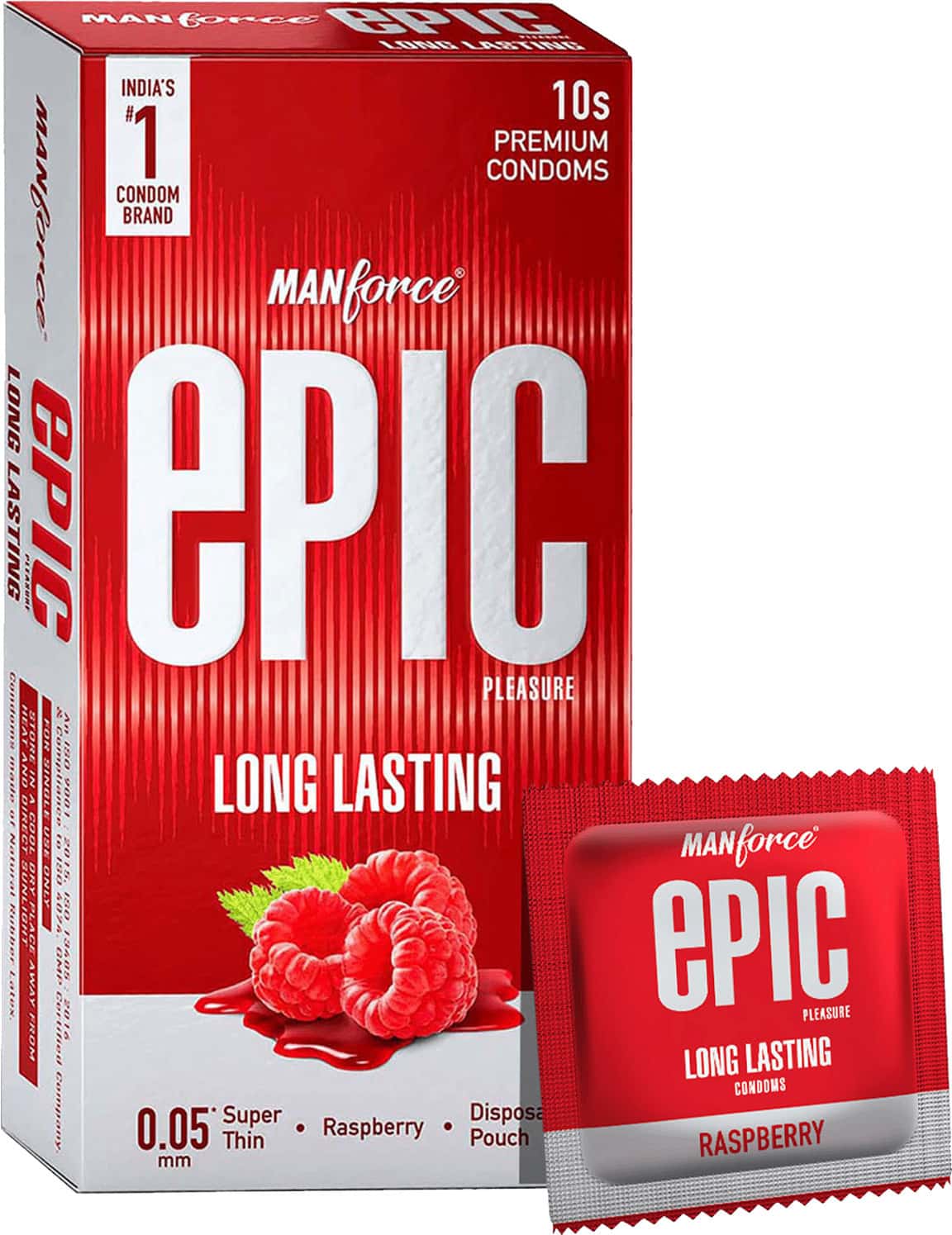 Manforce Epic Pleasure Long Lasting Condoms | 0.05mm |raspberry Flavour With Disposable Pouch 10 Nos