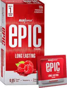 Manforce Epic Pleasure Long Lasting Condoms | 0.05mm |raspberry Flavour With Disposable Pouch 10 Nos