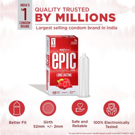 Manforce Epic Pleasure Long Lasting Condoms | 0.05Mm |Raspberry Flavour With Disposable Pouch 10 Nos