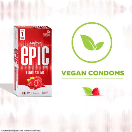 Manforce Epic Pleasure Long Lasting Condoms | 0.05Mm |Raspberry Flavour With Disposable Pouch 10 Nos