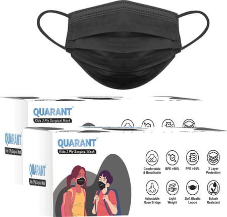 Quarant Kids Black 3 Ply Disposable Surgical Face Mask For Boys & Girls 5 To 12 Years - Pack Of 100