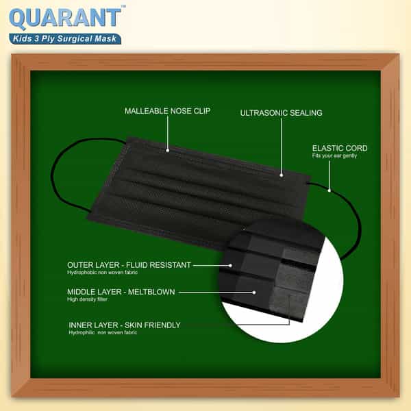 Quarant Kids Black 3 Ply Disposable Surgical Face Mask For Boys & Girls 5 To 12 Years - Pack Of 100