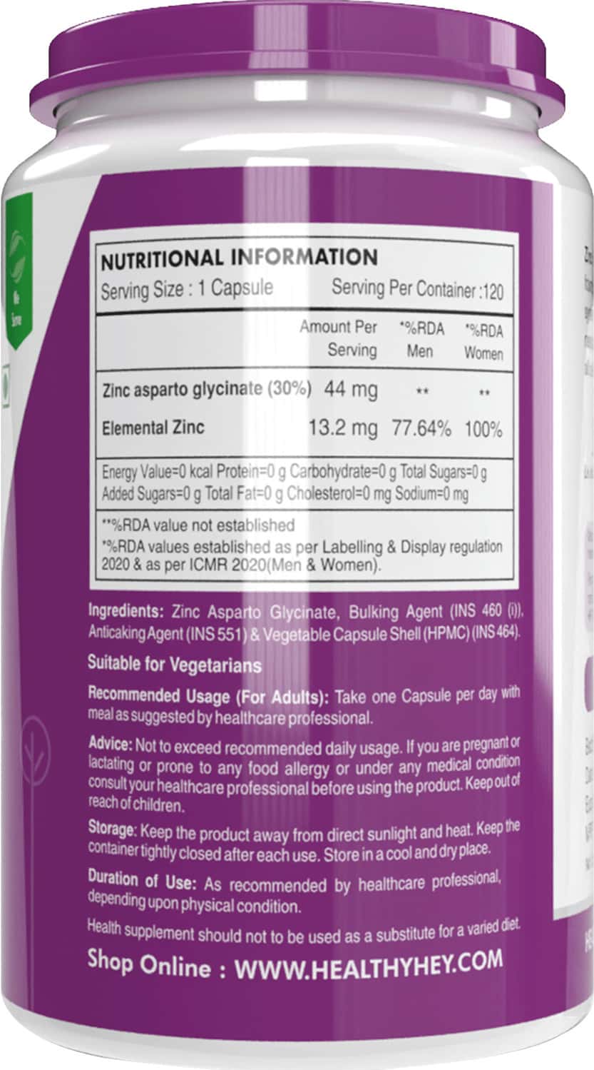 Buy HEALTHYHEY NUTRITION ZINC ASPARTO GLYCINATE 30 120 CAPSULES