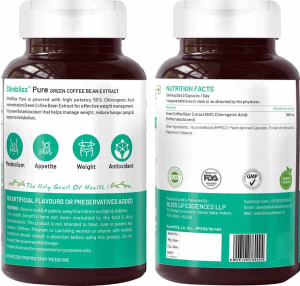 Bliss Welness Green Coffee Bean For Weight Management Appetite Control Supplement - 60 Veg Capsules