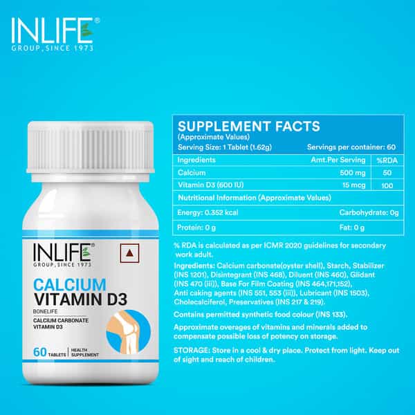 Inlife Calcium 500 Mg Vitamin D3 400 Iu Supplement For Men Women - 60 Tablets