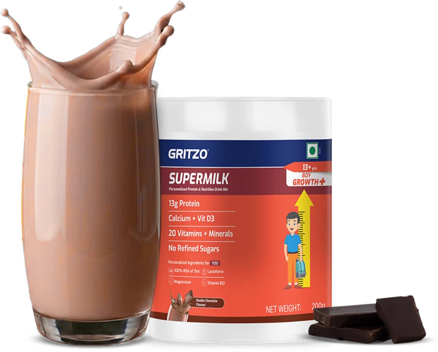 Gritzo Supermilk Growth+ (13+y Boys) | 13g Protein (double Chocolate | 200g) | Zero Refined Sugar