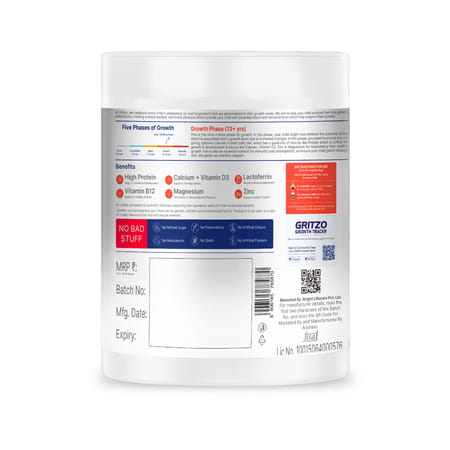 Gritzo Supermilk Growth+ (13+Y Boys) | 13G Protein (Double Chocolate | 200G) | Zero Refined Sugar