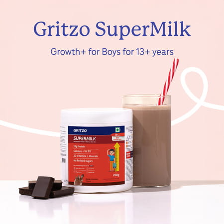 Gritzo Supermilk Growth+(Formerly Height+) (13+Y Boys) | 13G Protein Powder (Double Chocolate 200G)