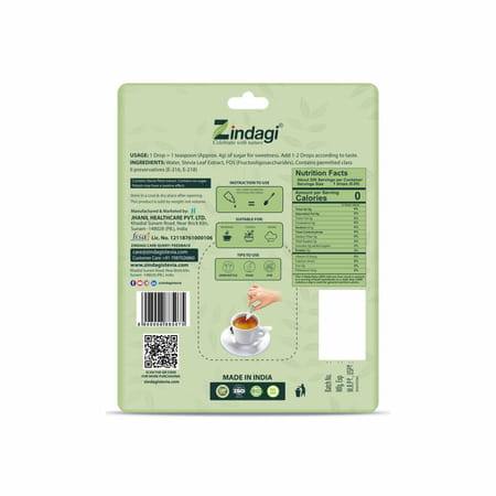 Zindagi Fosstevia Liquid|Zero Calorie Sweetener|100% Natural Sugar Free|10 Ml|Pack Of 15