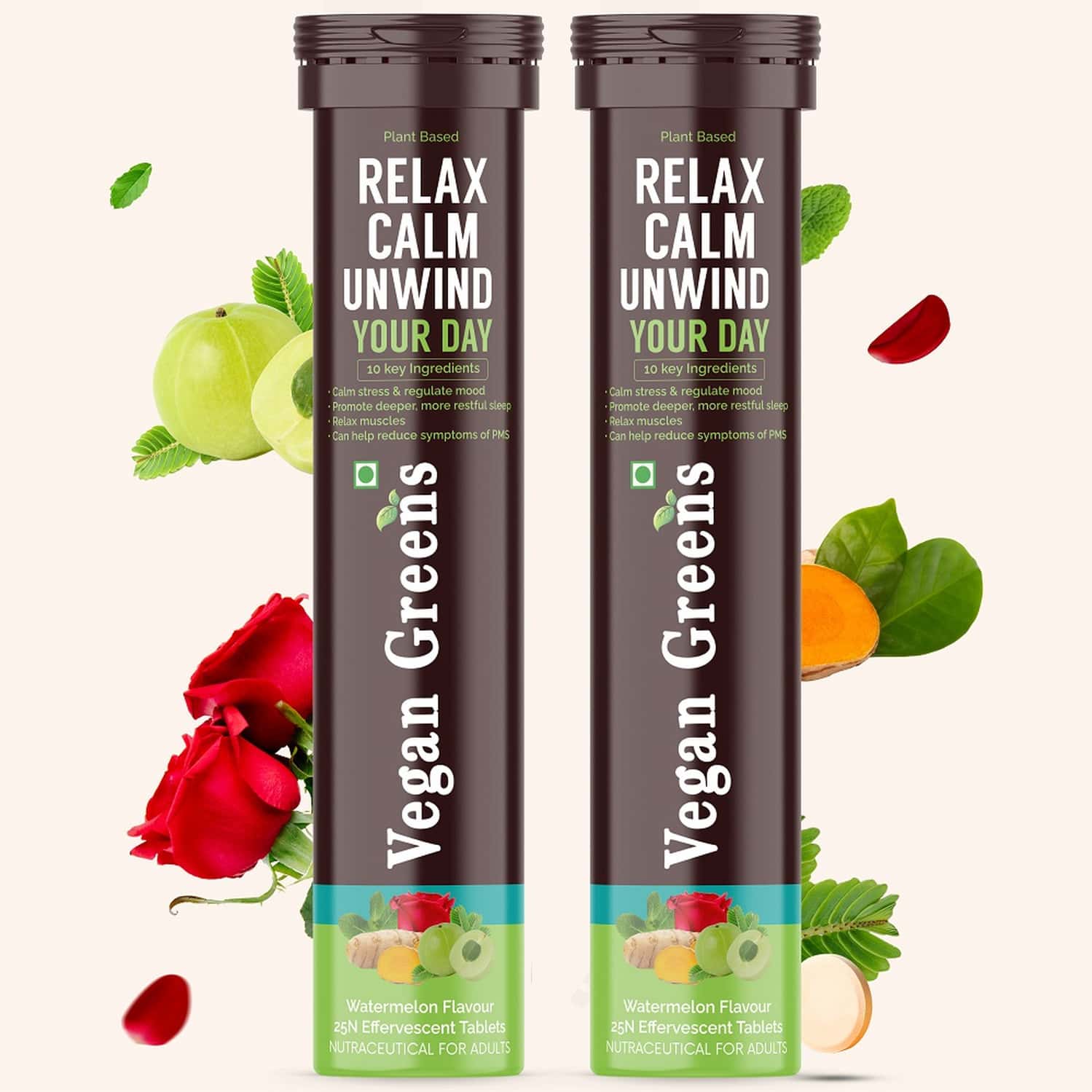 Vegan Greens Relax Calm Unwind Your Day. Calm Daily Stress, Better Mood &sleep 50 Effer., Watermelon