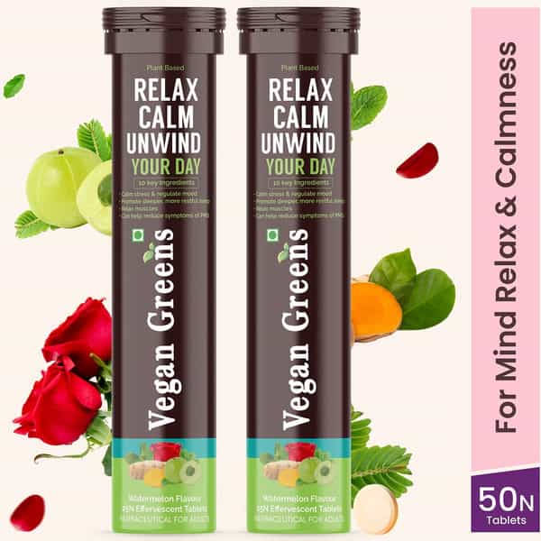 Vegan Greens Relax Calm Unwind Your Day. Calm Daily Stress, Better Mood &Sleep 50 Effer., Watermelon