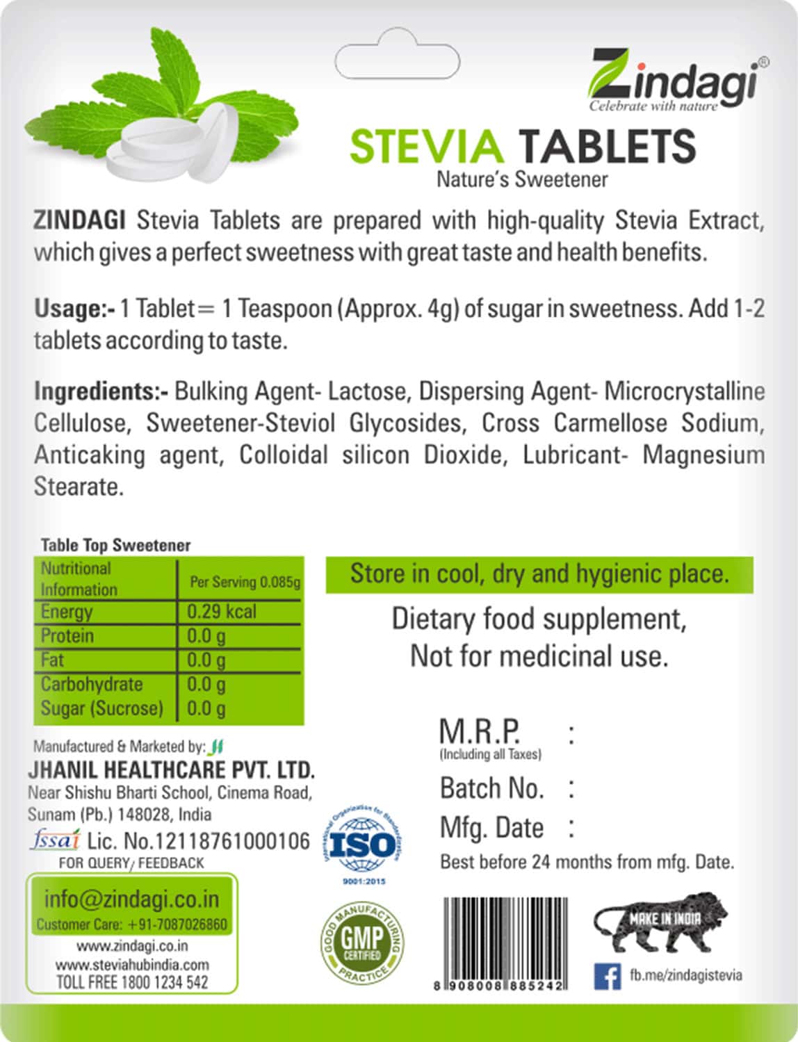 Buy ZINDAGI STEVIA TABLETS NATURAL SUGAR SUBSTITUTE ZERO CALORIES