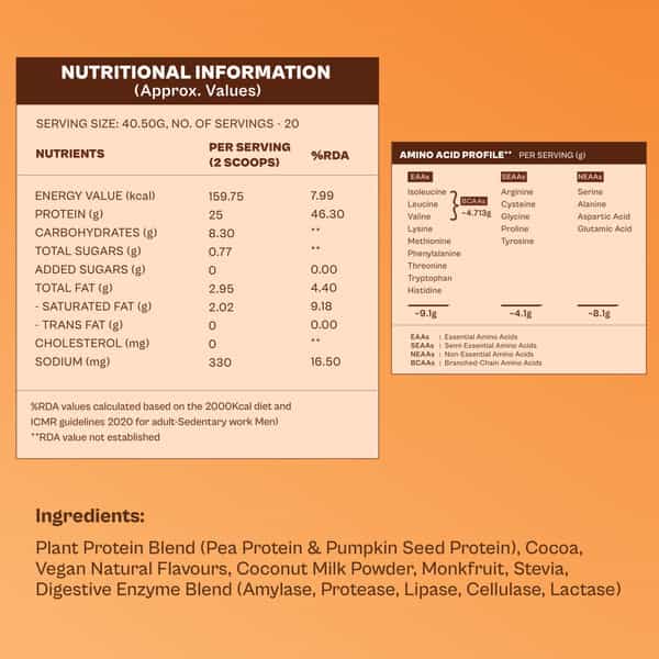 Origin Nutrition 100% Natural Plant Protein Powder 770G Chocolate With 25G Plant Based Protein